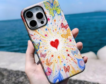 Vibrant Radiant Heart & Butterfly Phone Case - Retro Romantic Cover ,iPhone 16, 15, 14, 13, 12, 11 Pro Max Plus X,Samsung S25 S24 S23 S22