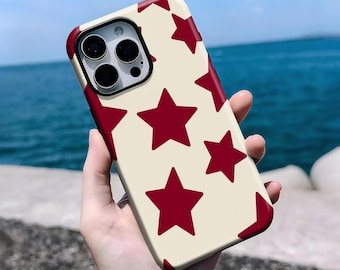 Burgundy Stars Phone Case,Tough Phone Case for iPhone 16, 15, 14, 13, 12, 11 Pro Max Plus X, Samsung S25 S24 S23 S22,Trend Star Pattern Case