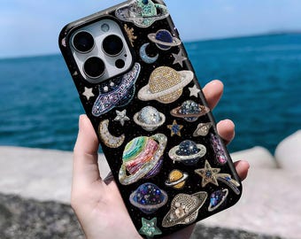 Planeten und Sterne Handyhülle, Retro Y2K Sternenmuster Universum Design, iPhone 16, 15, 14, 13, 12, 11 Pro Max Plus X, Samsung S25 S24 S23 S22