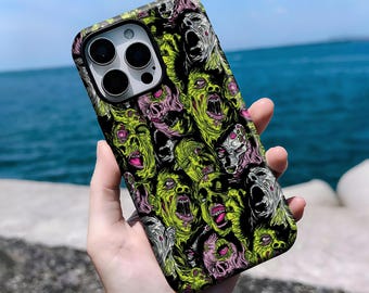 Zombie Horror Case, Grunge Undead Art Cover, Creepy Green Skull Design,iPhone 16, 15, 14, 13, 12, 11 Pro Max Plus X, Samsung S25 S24 S23 S22