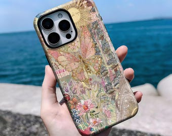 70s Retro Butterfly Floral Collage Case, Dreamy Vintage Floral Art, iPhone 16, 15, 14, 13, 12, 11 Pro Max Plus X,Samsung S25 S24 S23 S22