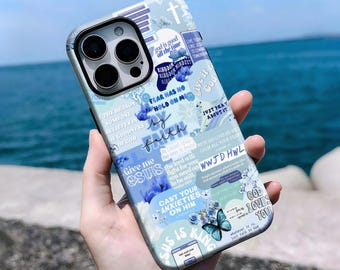 Christian Faith Collage Phone Case, Blue Bible Verse & Floral Pattern iPhone 16, 15, 14, 13, 12, 11 Pro Max Plus X,Samsung S25 S24 S23 S22