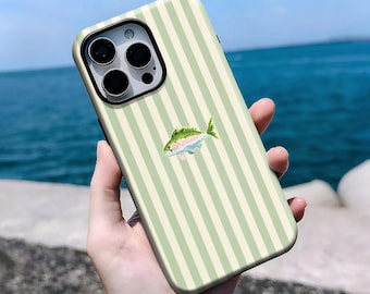 Minimal Fish Striped Phone Case, Green Cream Aesthetic Cover, iPhone 16, 15, 14, 13, 12, 11 Pro Max Plus X,Samsung S25 S24 S23 S22