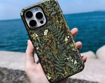 Green Fern Phone Case, Botanical Meadow Wildflower Garden Cover, for iPhone 16, 15, 14, 13, 12, 11 Pro Max Plus X, Samsung S25 S24 S23 S22