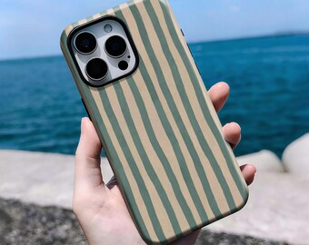 Green Beige Striped Phone Case, Minimal Aesthetic Soft Neutral Tone, iPhone 16, 15, 14, 13, 12, 11 Pro Max Plus X,Samsung S25 S24 S23 S22