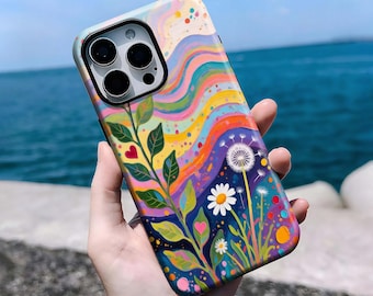 Rainbow Swirl Dandelion Daisy Case,Colorful Heart Folk Art Floral Cover,iPhone 16, 15, 14, 13, 12, 11 Pro Max Plus X,Samsung S25 S24 S23 S22