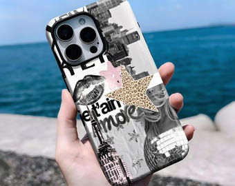 New york collage phone case, Leopard star galaxy, animal print design, iPhone 16, 15, 14, 13, 12, 11 Pro Max Plus X, Samsung S25 S24 S23 S22