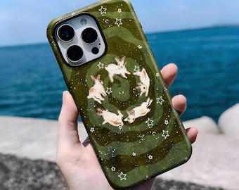 Kawaii Hase Galaxy Handy Hülle, Niedliche Kaninchen Sternennacht Kunst Cover, iPhone 16, 15, 14, 13, 12, 11 Pro Max Plus X,Samsung S25 S24 S23 S22