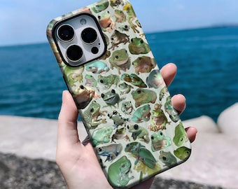 Cute Frog Collage Phone Case, Green Cover, Cottagecore Animal Print, iPhone 16, 15, 14, 13, 12, 11 Pro Max Plus X, Samsung S25 S24 S23 S22
