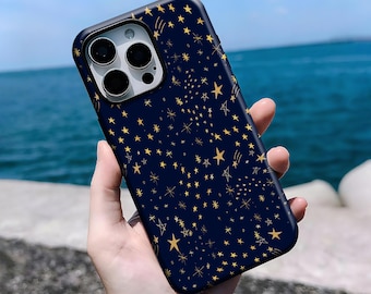 Starry Sky Phone Case Dark Blue Night Aesthetic Celestial Stars Cover,iPhone 16, 15, 14, 13, 12, 11 Pro Max Plus X,Samsung S25 S24 S23 S22