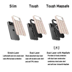 May include: Three phone cases with different designs are displayed. The first is a single-layer case with a pink and white striped pattern. The second is a dual-layer case with a black interior. The third is a dual-layer case with MagSafe.