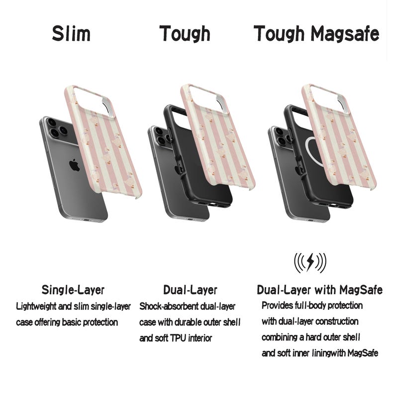 May include: Three phone cases with different designs are displayed. The first is a single-layer case with a pink and white striped pattern. The second is a dual-layer case with a black interior. The third is a dual-layer case with MagSafe.
