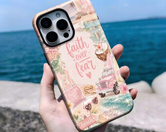 Faith Over Fear Beach Case, Boho Christian Coastal Summer Collage iPhone 16, 15, 14, 13, 12, 11 Pro Max Plus X, Samsung S25 S24 S23 S22