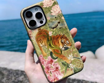Vintage Tiger Floral Case, Botanical Jungle Collage Aesthetic Cover, iPhone 16, 15, 14, 13, 12, 11 Pro Max Plus X, Samsung S25 S24 S23 S22