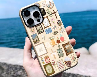 Pode incluir: Uma capa de telemóvel cor de creme com uma colagem de várias ilustrações, incluindo uma cruz, arranjos florais, arte emoldurada e fragmentos de texto como "Jesus", "Read Your Bible" e "Today's good mood is sponsored by Jesus" em várias cores.