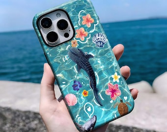 Tropical Ocean Whale Shark Case, Hibiscus Sea Turtle Seashell Cover,iPhone 16, 15, 14, 13, 12, 11 Pro Max Plus X,Samsung S25 S24 S23 S22