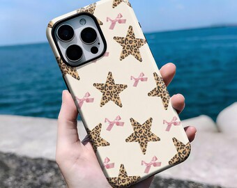 Autumn winter leopard print star case, stylish beautiful Y2K case,for iPhone 16, 15, 14, 13, 12, 11 Pro Max Plus X, Samsung S25 S24 S23 S22