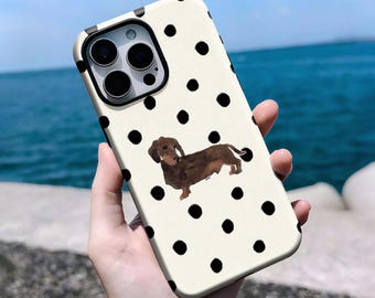 Dachshund Dog Phone Case, Cute Vintage Polka Dot Puppy Aesthetic Cover,iPhone 16, 15, 14, 13, 12, 11 Pro Max Plus X, Samsung S25 S24 S23 S22