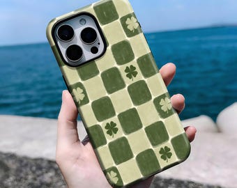 Clover Checkered iPhone Case: Girly Pastel Accessory Compatible With iPhone 16, 15, 14, 13, 12, 11 Pro Max Plus X, Samsung S25 S24 S23 S22