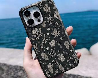 Funda para teléfono con estampado retro de piñas y hojas - Cozy Forest Cover para iPhone 16, 15, 14, 13, 12, 11 Pro Max Plus X, Samsung S25, S24, S23 y S22