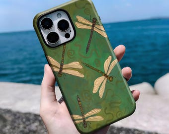 Vintage Green Dragonfly Phone Cover, Nature Insect Art Cover, With iPhone 16, 15, 14, 13, 12, 11 Pro Max Plus X,Samsung S25 S24 S23 S22