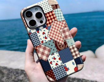 Vintage Plaid Patchwork Collage Phone Case: Cottagecore Floral Plaid, iPhone 16, 15, 14, 13, 12, 11 Pro Max Plus X, Samsung S25 S24 S23 S22