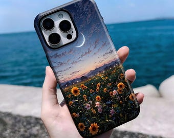 Sunflower Field Under Crescent Moon Phone Case - Dreamy Nature Cover iPhone 16, 15, 14, 13, 12, 11 Pro Max Plus X, Samsung S25 S24 S23 S22