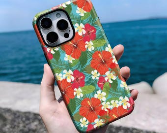 Funda para teléfono con hibisco rojo hawaiano y frangipani blanco, estilo playa hawaiana, para iPhone 16, 15, 14, 13, 12, 11 Pro Max Plus X, Samsung S25, S24, S23 y S22