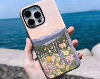 GOD is good Floral Meadow Phone Case, Christian Faith Nature Aesthetic iPhone 16, 15, 14, 13, 12, 11 Pro Max Plus X, Samsung S25 S24 S23 S22