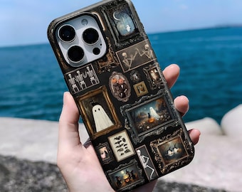 Funda de teléfono con marco vintage de Halloween, funda protectora con fantasma de Halloween, para iPhone 16, 15, 14, 13, 12, 11 Pro Max Plus X, Samsung S25, S24, S23 y S22
