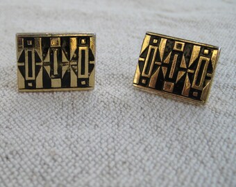 Gemelli rettangolari vintage anni '60: design geometrico nero e oro, accessori retrò da uomo