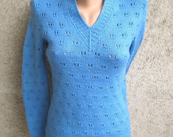 Vintage Handknit Lace Sweater/ Blouse Azure/ Blue Women Elegant V neck Knit Size S 6US 8UK Vintage by DILMA