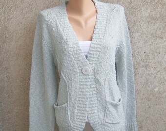 Vintage Grey Knit Cardigan / Marc Lauge Clothing / Long Sleeve Jacket / Button Womens Sweater / Acrylic Popcorn Coats / L XL 14 US 16 UK