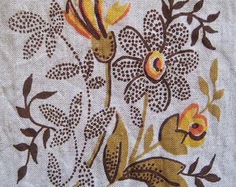 Pannello di lino vintage con stampa floreale, base in tessuto grigio a punto lento, idea per tovagliolo floreale anni '80
