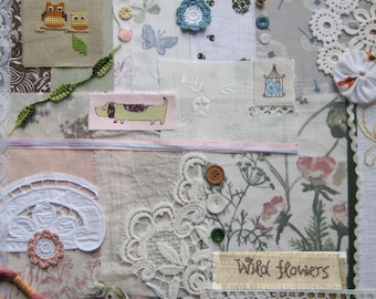 Kit per ricamo lento Wildflower nei colori pastello rosa e verde, set di bottoni in pizzo di tessuto vintage, kit per junk journal, pizzo di ritagli di tessuto, anni '70 e '90