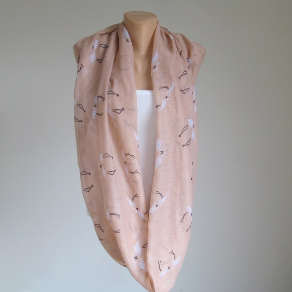 Vintage leichter Infinity Schal, beige Vogel Baumwolle Loop Schal, Boho Snood großer Schal, Reise Damen Accessoire, Damen Halswärmer, 67"