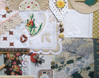 Kit per cucito lento a tema autunnale, set vintage marrone e verde con bottoni in pizzo e tessuto, kit di forniture per junk journal da 45+ pezzi, ritagli di tessuto e pizzo, anni '50 e '90