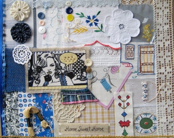 Kit per lavori creativi con bottoni in pizzo di tessuto blu vintage, kit per junk journal a punto lento