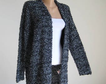 Vintage fluffy lightweight cardigan, long sleeve manteau, black white synthetic wrap, women warm soft party jacket, L XL 14 16 US 16 18 UK