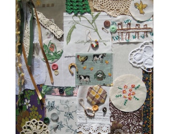 Kit per cucito lento in verde e bianco, set di lavori creativi vintage in tessuto, pizzo e bottoni, kit di forniture per junk journal da 35+ pezzi, ritagli di tessuto, bottoni e pizzo, anni '50-'90