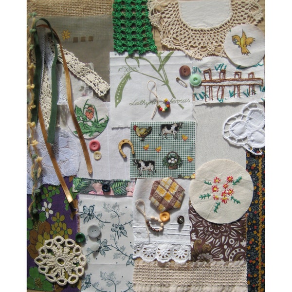 Slow stitch kit in green white, Craft bundle vintage Fabric Lace Button, 35+ Junk journal Supply kit, Scrap fabrics button lace, 1950s 1990s