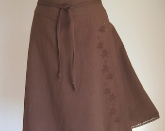 Vintage Wrap Cotton Skirt,  Brown Embroidery Lace Skirt, Romantic Women Midi Skirt, Summer Spring Dress, Retro Fashion, M 8 10 US 10 12 UK