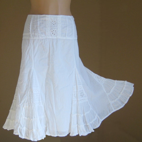 jupe en coton blanc vintage, jupe en dentelle brodée godet, jupe mi-longue femme romantique, jupe Boho d'été, plage Lady Fashion, XL 18 US 20 UK