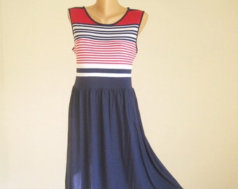 Vintage tricot sailor dress, women beach midi dress, striped navy white red tank dress, elegant sleeveless women dress, L 12 14 US 14 16 UK