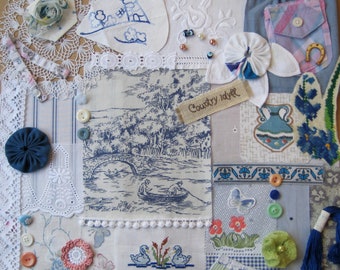Slow Stitch Kit Country theme in shades Blue White, Bundle vintage Fabric Lace Buttons, Junk journal Supply pack, Scrap fabric lace, 70s 90s