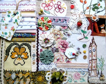 Kit per ricamo lento con bottoni in pizzo di tessuto, tonalità pastello autunnali, set di materiali per junk journal