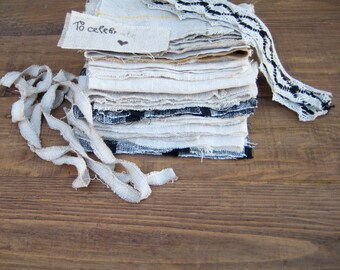Linen Fabric Remnants Bundle, Assorted Linen Leftovers, Natural Linen Fabric Scrap, Wrinkled Washed Linen, Flax Fabric Lace Pack, Supply Kit