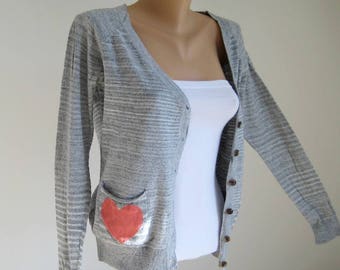 Vintage Grey Heart Pockets Jacket, Machine Knit Cotton Cardigan, Long Sleeve Buttons Vest, Women Girl Heart Jacket, M 8 10 US 10 12 UK