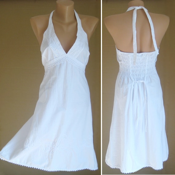 Vintage Sexy Boho Dress, White Halter Bustier, Ha… - image 1