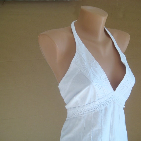 Vintage Sexy Boho Dress, White Halter Bustier, Ha… - image 9